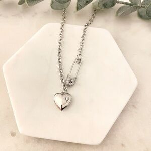 925 Sterling Silver Heart Pendant Necklace Heart Paperclip Safety Pin Necklace